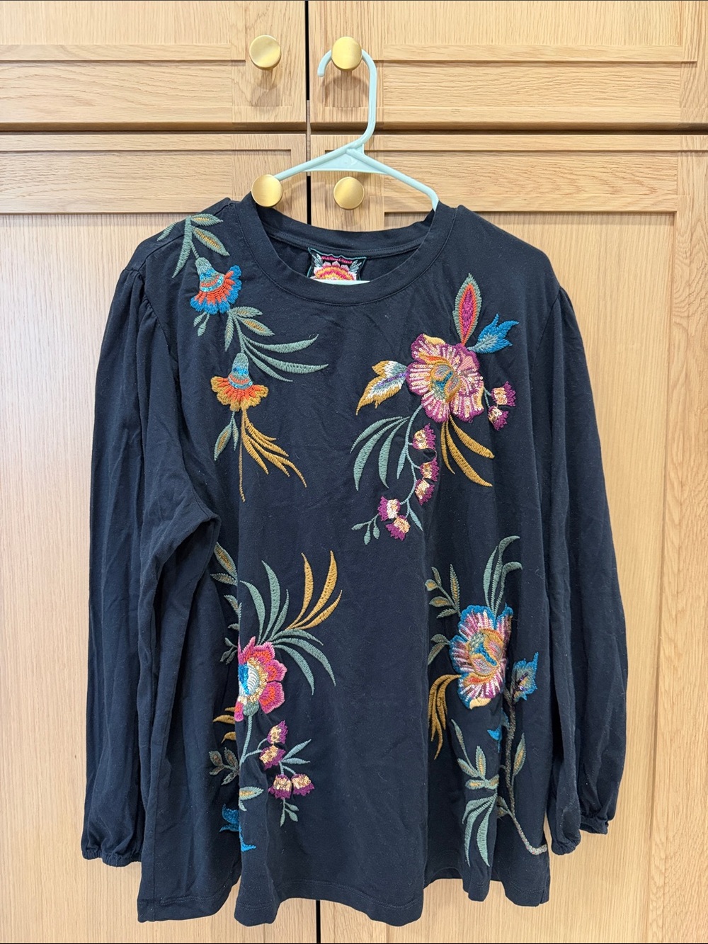 Johnny Was Black Embroidered Floral Crewneck Top